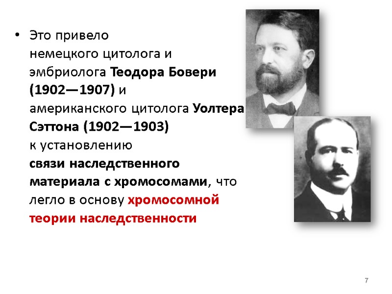Это привело  немецкого цитолога и эмбриолога Теодора Бовери (1902—1907) и  американского цитолога